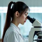 若々しく知的な表情の分子生物学博士が、顕微鏡を覗き込んでいる様子。クリーンな研究室の背景。信頼感と専門性を感じさせるポートレート。