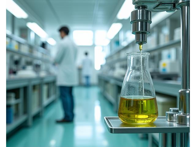 精密な化粧品製造プロセスを表現した図、クリーンルームと機器